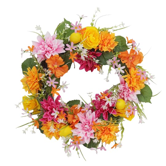 22&#x22; Pink &#x26; Orange Dahlia Wreath with Lemons by Ashland&#xAE;